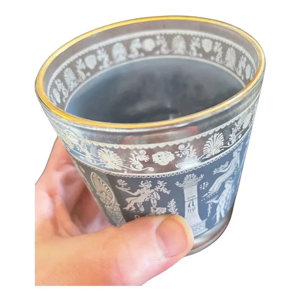 Pair of Midcentury Jeanette Glass Hellenic Style Rocks Glasses Wedgwood Blue